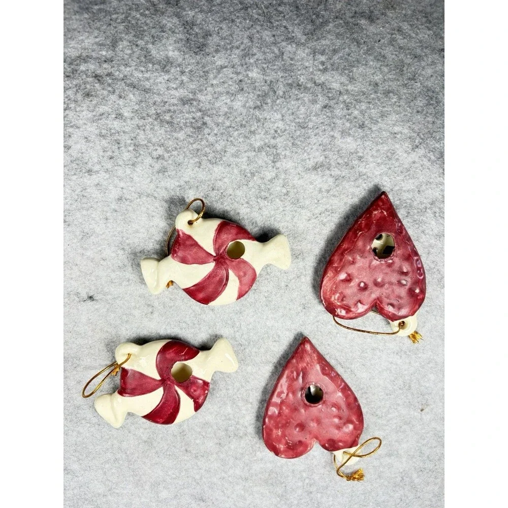Vintage Ceramic Christmas Ornaments Set 4 Peppermint Candy Hearts Hand Painted
